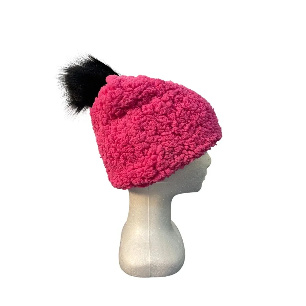 Justice Girls Hot Pink Sherpa Beanie Hat Black Faux Fur Pom Pom One‎ Size NEW